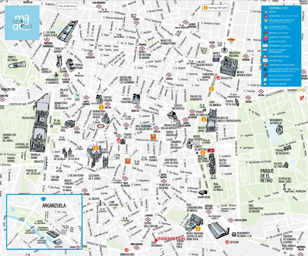 Plano turístico del centro de Madrid con la ubicación del parking